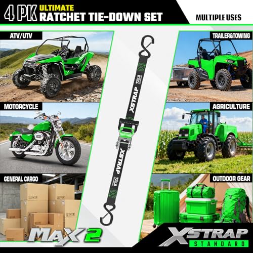 XSTRAP STANDARD 4PK Motorcycle Ratchet Straps, 1" x 15ft, 2,200 lbs Break Strength Tie Down Straps with Safety Lock S-Hooks, Soft Loop Straps and Stickers for Trucks, Cargo, Moving (Black) - size: Black-2200 lbs-4Loops