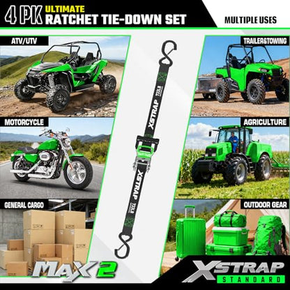 XSTRAP STANDARD 4PK Motorcycle Ratchet Straps, 1" x 15ft, 2,200 lbs Break Strength Tie Down Straps with Safety Lock S-Hooks, Soft Loop Straps and Stickers for Trucks, Cargo, Moving (Black) - size: Black-2200 lbs-4Loops