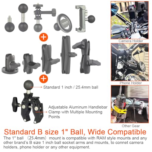 Motorcycle Handlebar Clamp Mount Base with 25mm/1 Inch Ball Compatible with RAM mounts B Size Double Socket Arm, 1" Ball Handle Bar Clamp Mount for Motorcycle Bicycle Phone Holder Camera