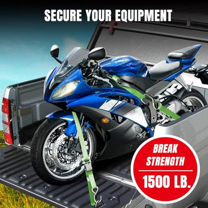 Jack Boss Ratchet Tie Down Straps Set,1500 lbs Break Strength, 1" x 15' Heavy Duty Ratchet Straps with 4X Soft Loops Padded Handles Coated S Hook, Fits for Moving Appliances Motorcycle ATV Truck,Green - color: Green