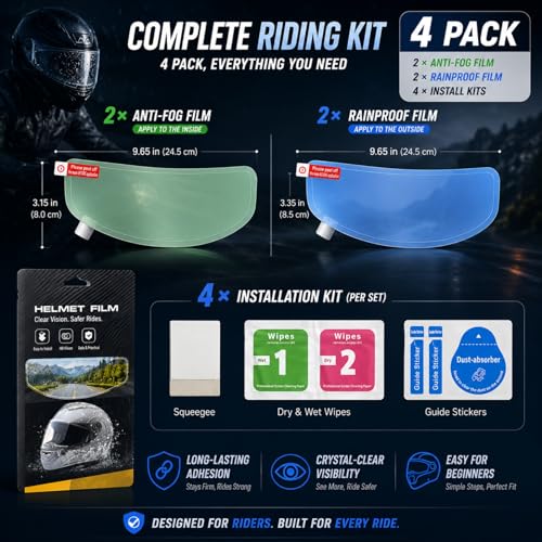 Motorcycle Helmet Anti-Fog Film, Universal Visor Insert, Clear Anti-Fog + Rainproof HD Lens Protector for Safer Riding, Easy Install (4 Pack)
