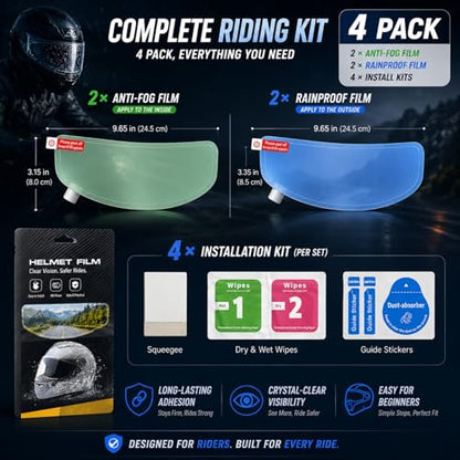 Motorcycle Helmet Anti-Fog Film, Universal Visor Insert, Clear Anti-Fog + Rainproof HD Lens Protector for Safer Riding, Easy Install (4 Pack)
