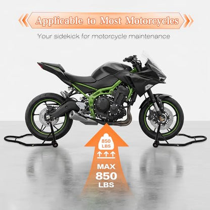 Motorcycle Front & Rear Stand Combo, Universal Adjustable Paddock Lift Stand, Swingarm Spool & Wheel Lift, 850lbs Capacity, Heavy-Duty Steel, Black