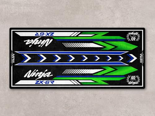 Parking Mat for Ninja ZX-6R Series Motorcycle Models, Pit Mat, Washable Non-Slip Garage, Showroom Mat, Rug (40th Anniversary, Size 2: 102 x 47/260 x 120 cm)