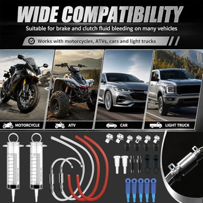 Brake Bleeder Kit, 31-Piece One-Person Brake & Clutch Bleeding Tool with 2 x 100ml Syringes, One-Way Check Valve Hoses, Quick Adapters & Clamps for Motorcycle, ATV, Car and Light Truck