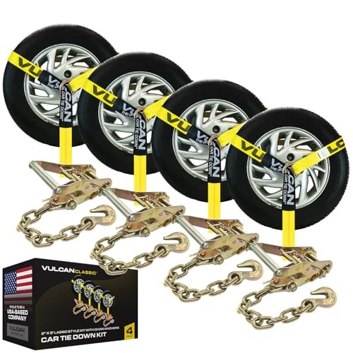 VULCAN Car Tie Down with Chain Anchors - Lasso Style - 2 Inch x 96 Inch - 4 Pack - Classic Yellow - 3,300 Pound Safe Working Load - size: Chain Anchors - Classic Yellow (4 Pack)