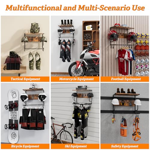 Motorcycle Helmet Holder Wall Mounted, Helmet Rack Wall Mount with Helmet Rack, 4 Glove Chips and 4 hooks, Rustic Helmets Holder and Motorcycle Helmets Racks for Most of Helmet and Clothes - color: Retro