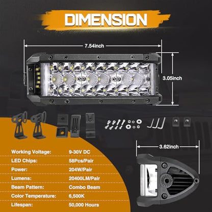 8 Inch LED Light Bar, 2Pcs 204W Side Shooter LED Light Pods Triple Row Off Road Driving Spot Flood Combo Beam Fog Work Light Bumper Bar for Trucks UTV ATV SUV Tractor Boat - size: 2Pcs 7.5 Inch