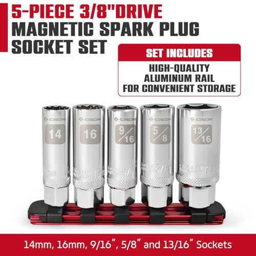 CROM Magnetic Spark Plug Socket Set - 5 Piece 3/8" Drive Spark Plug Removal Tool, Includes 14mm and 16mm Thin Wall Sockets, 9/16 inch, 5/8 inch and 13/16 inch Sockets, Aluminum Storage Rail Included - size: 5 Piece Magnetic Set