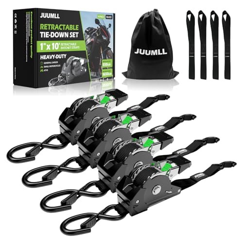 Retractable Ratchet Straps (4-Pack) 1” x 10ft - 1,650lb Break Strength, Heavy-Duty Auto Retracting Tie Down Straps for Cargo, Motorcycle, ATV, UTV, Kayak & Transport (Black) - color: Black