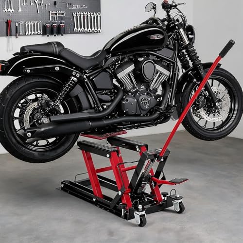 Hydraulic Motorcycle Lift Jack, 1500LB Capacity Scissor Jack for Dirt Bikes & ATVs, 4.7-14.57 Inch Lift Height, Non-Slip Platform & 360° Swivel Casters, Black Garage Lift - color: Red