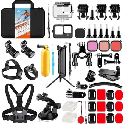 HONGDAK Action Camera Accessories Kit for GoPro Hero 13 12 11 10 9 Black, Waterproof Housing+Silicone Case+ Adjustable Arm+Head Chest Wrist Strap+Bike Mount+Suction Cup+Floating Grip Bundle Set 63in1 - color: 63 in 1