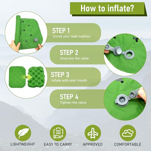 Inflatable Seat Cushion, Lightweight Stadium Seat Pad, Travel Air seat Cushion Anti-Slip for Airplane, Long Flights, Hiking, Climbing, Home and Camping, Compact Air Cushion - color: Green