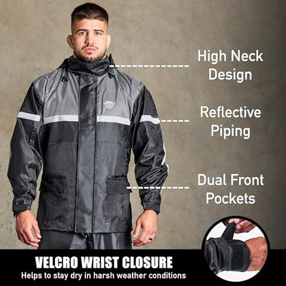 Waterproof Motorcycle Rain Suit, 2-Piece Reflective Gear, Lightweight Riding Jacket & Pants, Protective Raincoat with Hoodie - color: Gray, size: 3XL-4XL