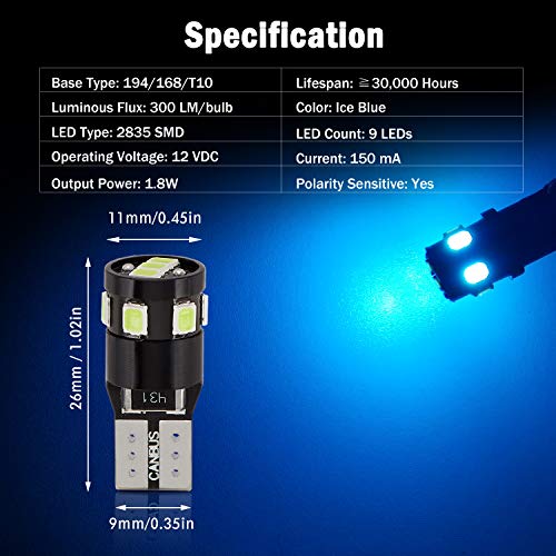 300LM Extremely Bright Canbus Error Free 194 168 2825 W5W T10 LED Bulbs Ice Blue 9-SMD 2835 Chipsets for Dome Map Door Courtesy License Plate Lights(Pack of 4) - color: Ice Blue