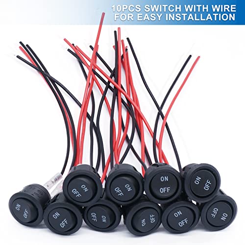 Twidec/10Pcs 12V Round Rocker Switch ON Off AC 6A/250V 10A/125V SPST 2 Pin 2 Position 12 Volt DC Circle Toggle Switch for Car Boat Automotive RV Black with Wires KCD1-5-101-ON-OFF - color: Black-Round-ON OFF-10PCS