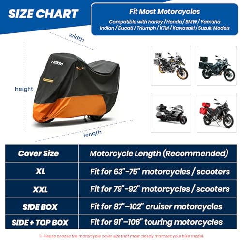 Favoto Motorcycle Cover for Harley Davidson Heavy Duty 420D Oxford | Touring Motorcycle Cover Waterproof Outdoor for Street Glide, Road Glide, Road King, Ultra Limited, CVO Fits up to 110" - size: 110" - Side+Top Box