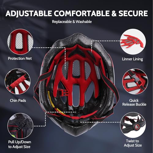 Bike Helmet Men Women, Shinmax Bicycle Helmet with Rear Light and Detachable Visor - color: Black/Red/White, size: Large (57-62 cm)