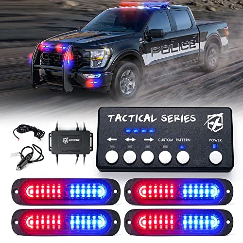 Xprite Red Blue LED Surface Mount Strobe Police Lights Kit, w/Control Panel Emergency Safety Warning Flashing Grille Cop Marker Light Assembly for Vehicles Trucks ATV UTV Motorcycle 4PCS - color: Red Blue, size: 4PCS