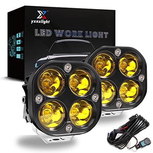 4" Amber Square Pod Lights 2PCS 40W 5050 LED Yellow Spot Lens Beam Off Road Driving Light Fog Light with Strobe Harness for Car Truck Off Road ATV UTV Boat Only Motorbike（12-24V）