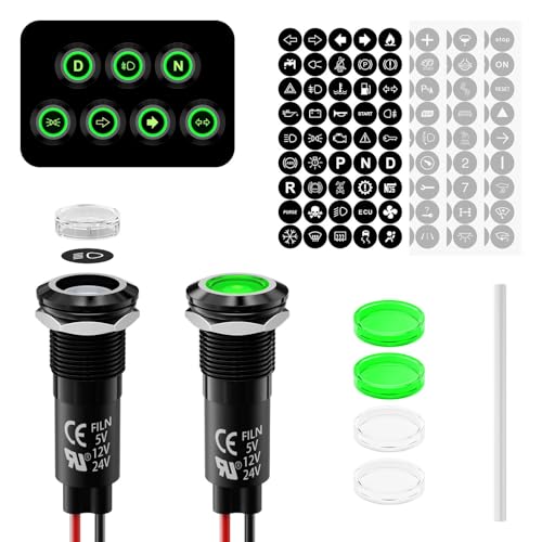 2Pcs LED Indicator Light Metal 180 Symbols 12V 24V Compatible 12mm Mounting Hole IP67 Waterproof Rating Ideal for DIY,Car, Boat, Motorcycle Dashboard Indicator Lights(Green LED Light) - color: 12mm-Green Light-2PCS