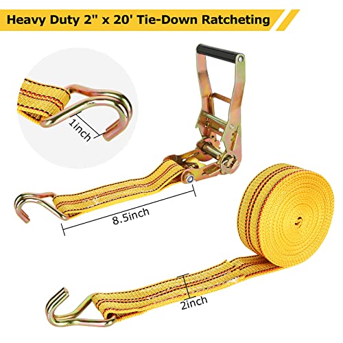HUBun4 Pack Ratchet Tie Down Straps, 2" x 20 Feet, 8,000 lbs Break Strength, Heavy Duty Cargo Lashing Straps with Double J Hooks for Trucks, Trailers, and Moving - color: Yellow, size: 4 pack 2 inch x 20 ft