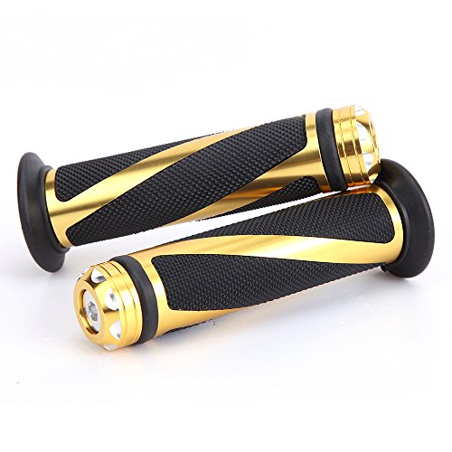 Pair of 7/8" 22mm Motorcycle CNC Aluminum Rubber Gel Hand Grips Handlebar for Sports Bike Chopper Cruiser Bike - color: Gold with Bar End