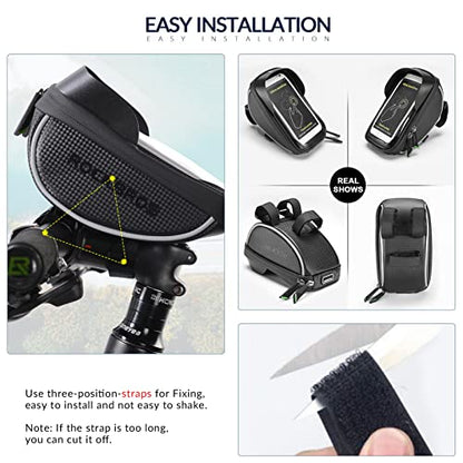 ROCKBROS Bike Phone Mount Bag Bike Front Frame Handlebar Bag Waterproof Bike Phone Holder Case Bicycle Accessories Pouch Sensitive Touch Screen Compatible with iPhone Below 6.5" - color: black