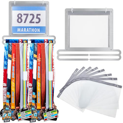 Moxweyeni Race Medal and Bib Display Medal Hanger Running Bib Holder Wall Mounted Hanging Rack Stands Gifts for Runners - color: Silver, size: 13.78 x 11.22 Inch, style: Classic