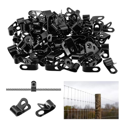 Antrader Fence Wire Clamps, 100Pcs R-Type Agricultural Fencing Mounting Clips, 6mm/0.24" Cable Management Cord Organizer with Screws to Vinyl, Wood or Metal Fence - color: Black, size: 0.24 Inch