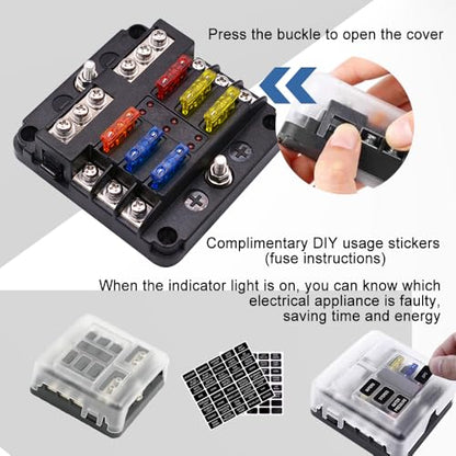 ASUBHA 6-Way Marine Fuse Block,Waterproof 12v Fuse Block with LED Indicator, Automotive Fuse Box Holder 12V/24V Fuse Panel Universal for Automotive Golf Cart Truck Car Boat Marine RV Motorcycle