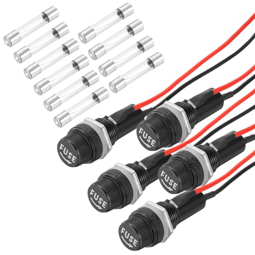 MECCANIXITY 5 Pcs Panel Mount Fuse Holder, 10/15A AC 125/250V 6 x 30mm Fuse Spade Terminal Screw Cap Fuse Holders with Pre-Soldered Wires and 7A Glass Tube Fuses - size: 6X30mm, style: 7A