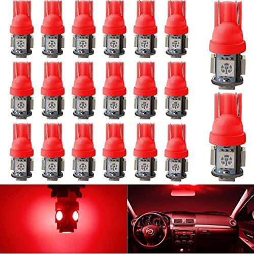 YM E-Bright 20-Pack 194 Led Bulb Red, 5050 5-SMD T10 194 168 W5W 2825 LED Bulb For Car Interior Lights Dome Map Trunk Clearance Dashboard License Plate Light Lamp DC 12V - color: Red, size: DC-12V