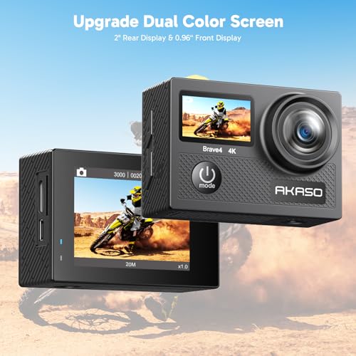 AKASO Brave 4 Action Camera 4K 30fps with 64GB MicroSD U3 Card Bicycle Helmet Accessories Kit Bundle, 20MP Ultra HD 131FT Waterproof Underwater Camera EIS WiFi Remote Control 5X Zoom Sport Cameras