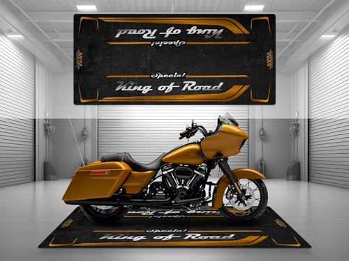 Garage Mat with Special King of Road for Cruiser and Custom Motorcycle, Motorcycle Mat, Washable Non-Slip Showroom Floor Carpet(Prospect Gold, Size 2: 102 x 47/260 x 120 cm)