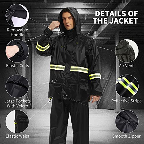 Rain Suits for Men Women Waterproof, Breathable Rain Coats with Eye-Catching Reflective Strip, Durable Rain Gear - color: Black, size: Large