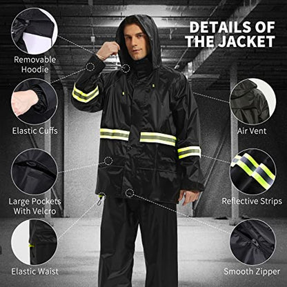 Rain Suits for Men Women Waterproof, Breathable Rain Coats with Eye-Catching Reflective Strip, Durable Rain Gear - color: Black, size: Large