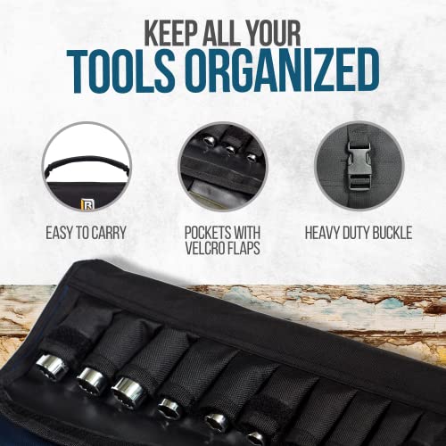 32 Pocket Tool Roll Organizer - Wrench Organizer & Tool Pouch - Wrench Roll Includes Pouches for 10 Sockets - Roll Up Tool Bag for Electrician, HVAC, Plumber, Carpenter or Mechanic - From Rugged Tool