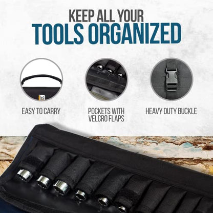 32 Pocket Tool Roll Organizer - Wrench Organizer & Tool Pouch - Wrench Roll Includes Pouches for 10 Sockets - Roll Up Tool Bag for Electrician, HVAC, Plumber, Carpenter or Mechanic - From Rugged Tool