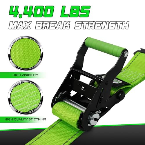 Heavy Duty Wheel Chock Tie Down Straps Set (2PK) - 4,400lb Guaranteed Max Break Strength, (2) 2" x 6' Trailer Tire Straps with (4) Wheel Chocks for ATV, UTV or Tractors - style: 2PK - Green