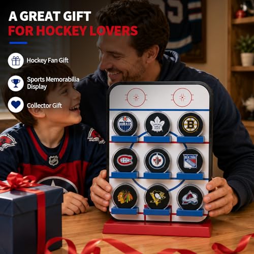 Hockey Puck Display Case，9 Acrylic Clear Box Holder with Wooden Base Ice Hockey Rink Designed , Showcase for Autographed Memorabilia - size: 16.5ln×12.2ln×2.7ln