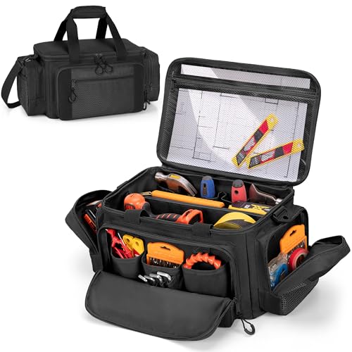 Tactical Tool Bag with Anti-friction Bottom, Hand Tool Tote Storage Organizer for Men, Small Range Bag for Electricians, Carpenters, Mechanics and Repairman, Black - color: Black