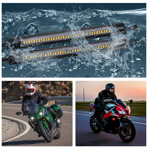 Motorcycle LED Turn Signal Light, 2PCS Switchback Fork Turn Signal DRL Daytime Running Lights, 12V Universal Wrap Around Mount LED Light Dual-Color (White + Amber)