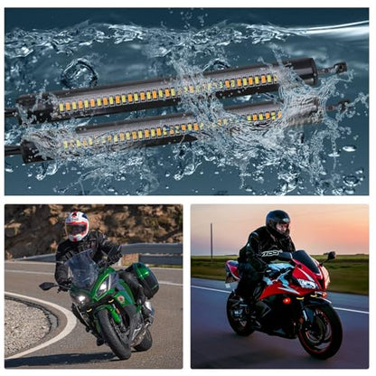 Motorcycle LED Turn Signal Light, 2PCS Switchback Fork Turn Signal DRL Daytime Running Lights, 12V Universal Wrap Around Mount LED Light Dual-Color (White + Amber)