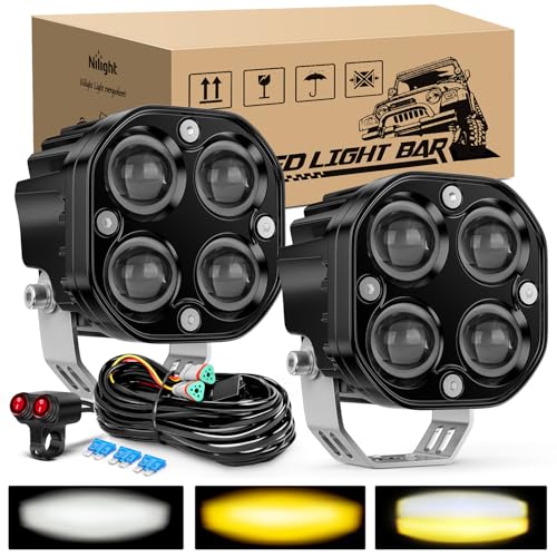 Nilight 7/8" Handlebar Motorcycle LED Driving Light Pod 2PCS 3 Inch 40W White Amber Dual Color Spot Beam Fog Auxiliary Offroad Lighting with 16AWG Wiring Harness for 12V Motorbike Dirt Bike e-Bike - color: white and amber light