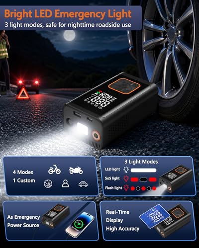Tire Inflator Portable Air Compressor: 150PSI Cordless Air Pump with 4000mAh Battery, Digital Gauge Auto-Shutoff for Car Tires, Bike, Motorcycle, Balls, Pool Floats & Inflatables