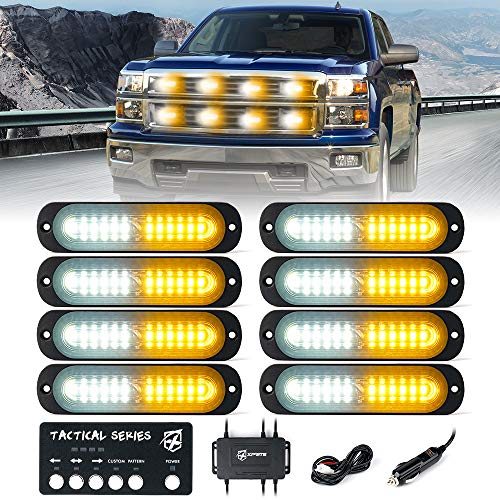 Xprite LED Surface Mount Strobe Lights Kit, White Amber Grill Grille Emergency Warning Flashing Marker Light Warning Light Assemblies for Trucks Vehicles ATV RV Cars Van - 8PCS - color: White Mix Amber, size: 8PCS