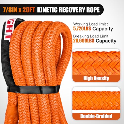 Nilight Kinetic Recovery Rope 28,600LBS 7/8" x 20ft Snatch Strap Heavy Duty Offroad Towing Strap Kit Vehicle Recovery kit for UTV ATV SUV Truck Car Jeep Tractor - color: 7/8in x 20ft Rope