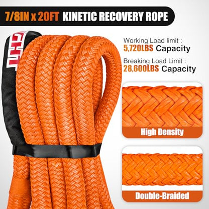 Nilight Kinetic Recovery Rope 28,600LBS 7/8" x 20ft Snatch Strap Heavy Duty Offroad Towing Strap Kit Vehicle Recovery kit for UTV ATV SUV Truck Car Jeep Tractor - color: 7/8in x 20ft Rope