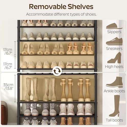 YATINEY 12-Tier Shoe Rack, 39.4" L Shoe Shelf for 54-60 Pairs of Shoes, Tall Shoe Storage Organizer with Metal Frame, Large Capacity Shoes Rack for Entryway, Closet, Rustic Brown and Black SS40BR - size: 39.4" x 11" x 83"